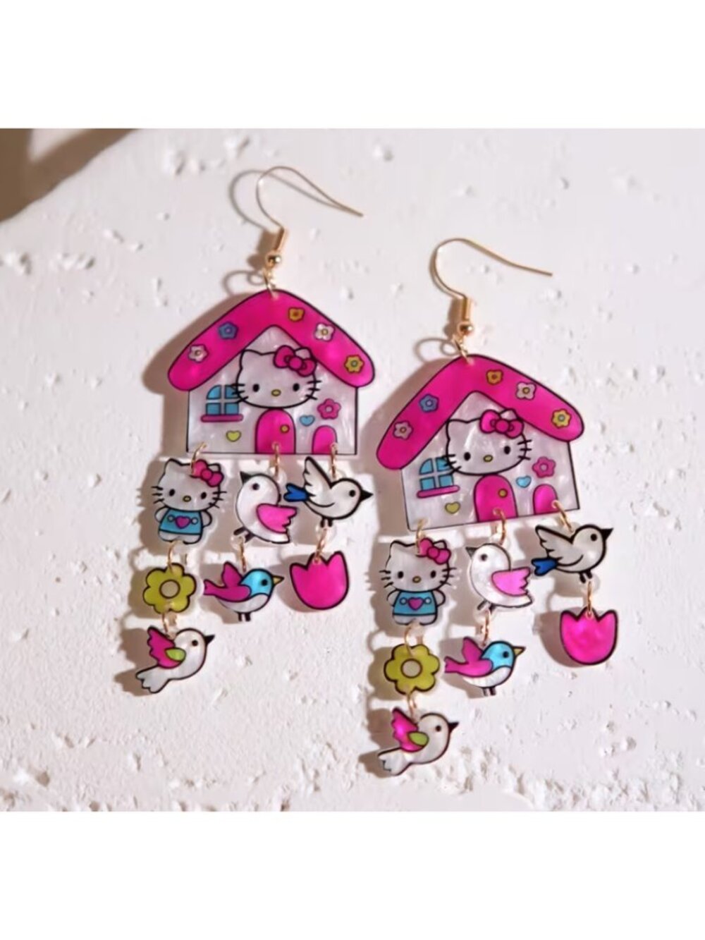 Hello Kitty House Dangle Earrings Cute Resin Charm Tassel Earrings Birds Flowers